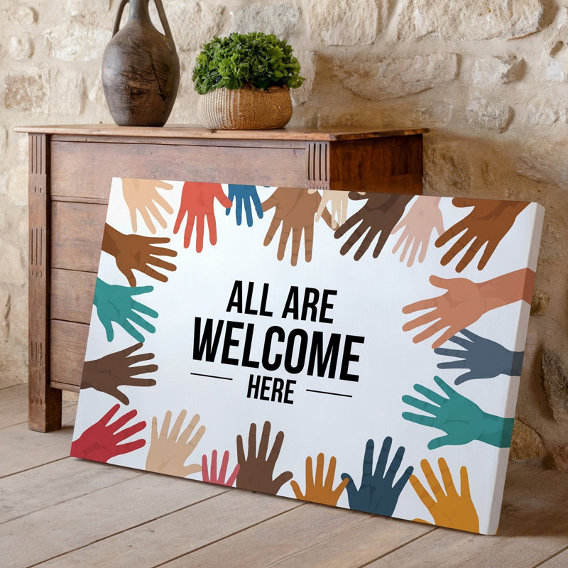 Reproduction d'art sur toile, "In a Vibrant Inclusive Design" With a Multitude of Handprints, art mural dans divers tons de peau