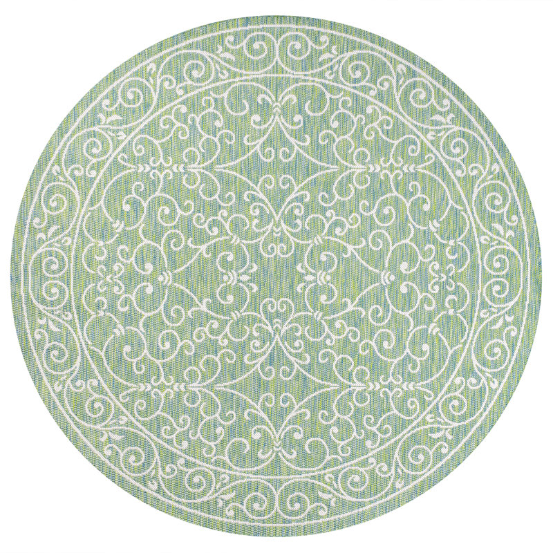 Debbe Vintage Filigree Textured Weave Green/Ivory Indoor/Outdoor Rug, Round 5'3"