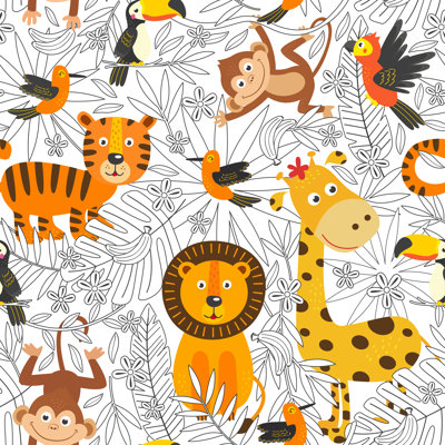 Richardton Seamless Pattern with Colouring Tropical Animals 1 Piece Wrapped Canvas Wall Art