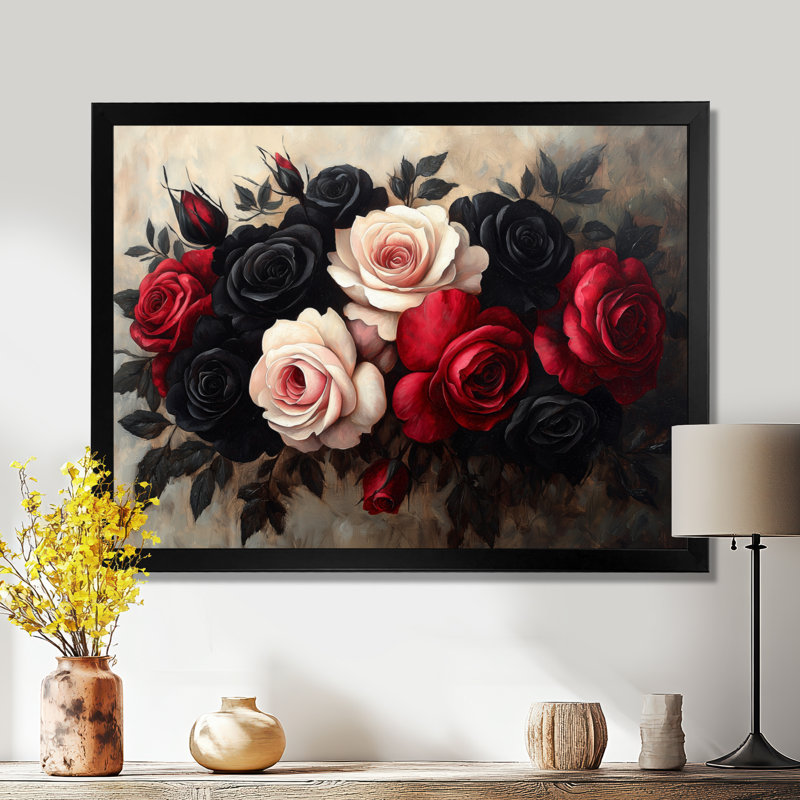 Bouquet de roses rouges minuit Morlee - Roses, art mural, H 12 po x l 20 po, Avec cadre, Noir, noir, noir, noir