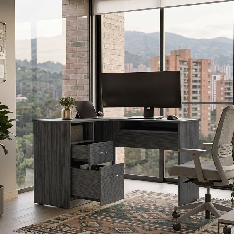 Jexiel L-Shaped Computer Desk, Smoky Oak