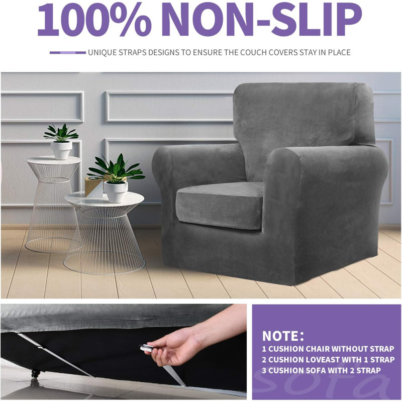 Housse pour canapé à coussins carrés/rectangulaires, H 91 po x l 110 po x P 6,4 po, Velours gris