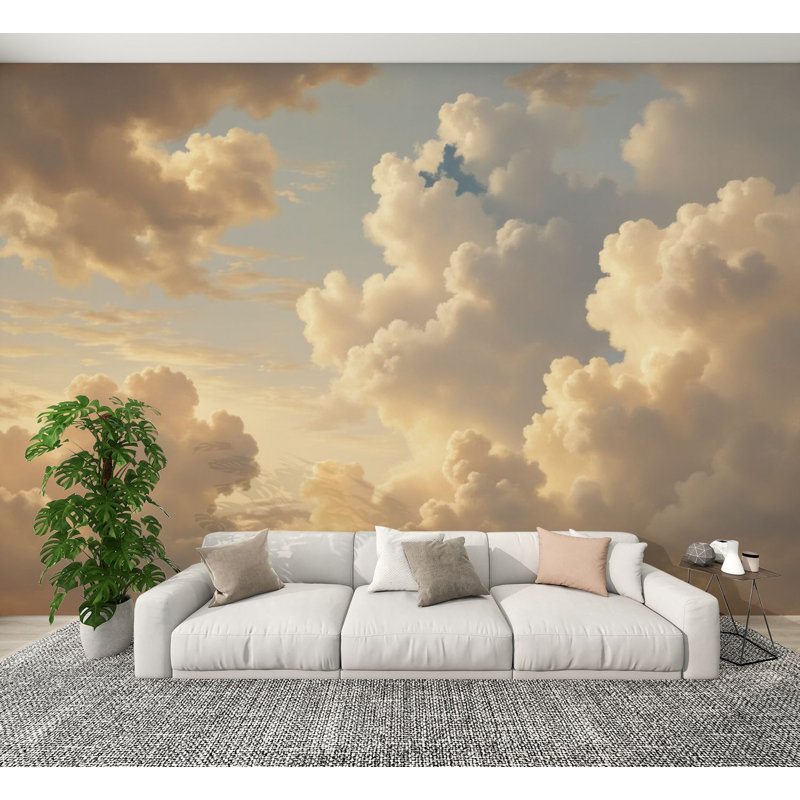 Papier peint adhésif Boho Golden Cumulus Clouds Soft Sunset Sky Warm Light Dreamy Wall Wallals, L 144 po x l 100 po