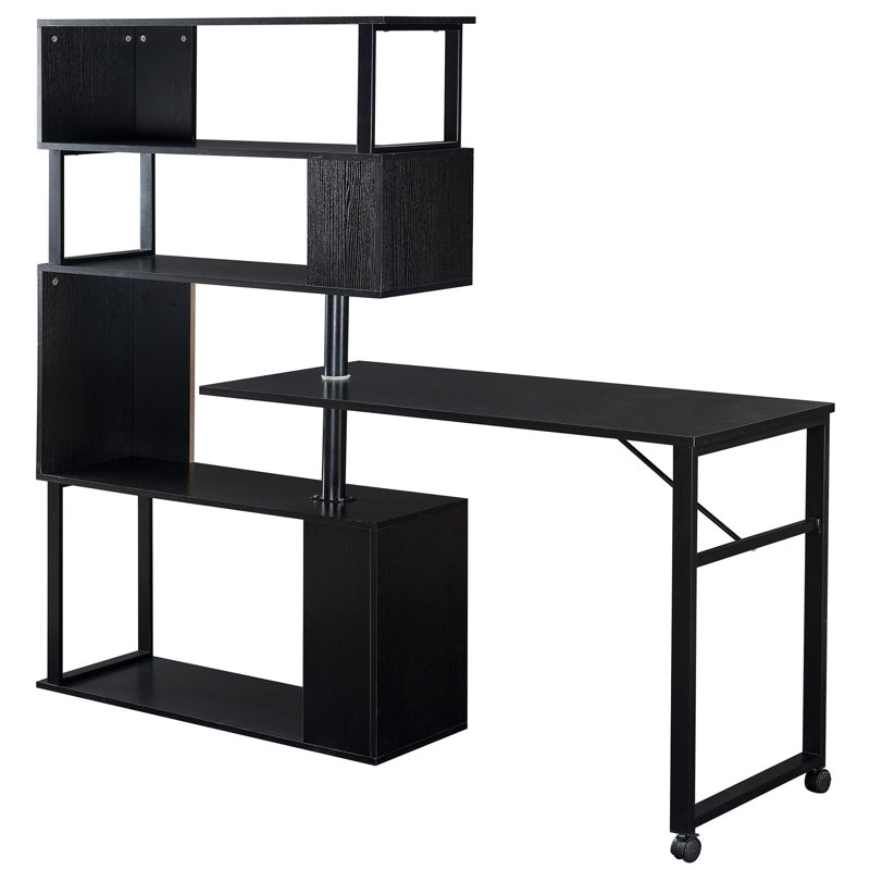 Home Office Computer Desk L-Shaped Corner Table, Rotating Computer Table With 5-Tier Bookshelf, Four Installation Methods, Lockable Casters (Black)