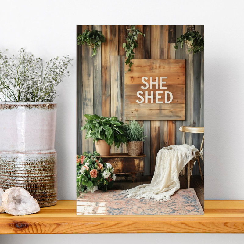 Cozy She Shed Interior Peaceful Rustic Serene Architecture Flower Art mural, H 18 po x l 12 po