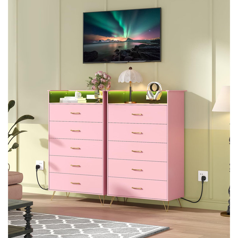 5-Drawer Dresser with RGB Lights & Charging Station, App Controlled LED Dresser for Bedroom, Pink