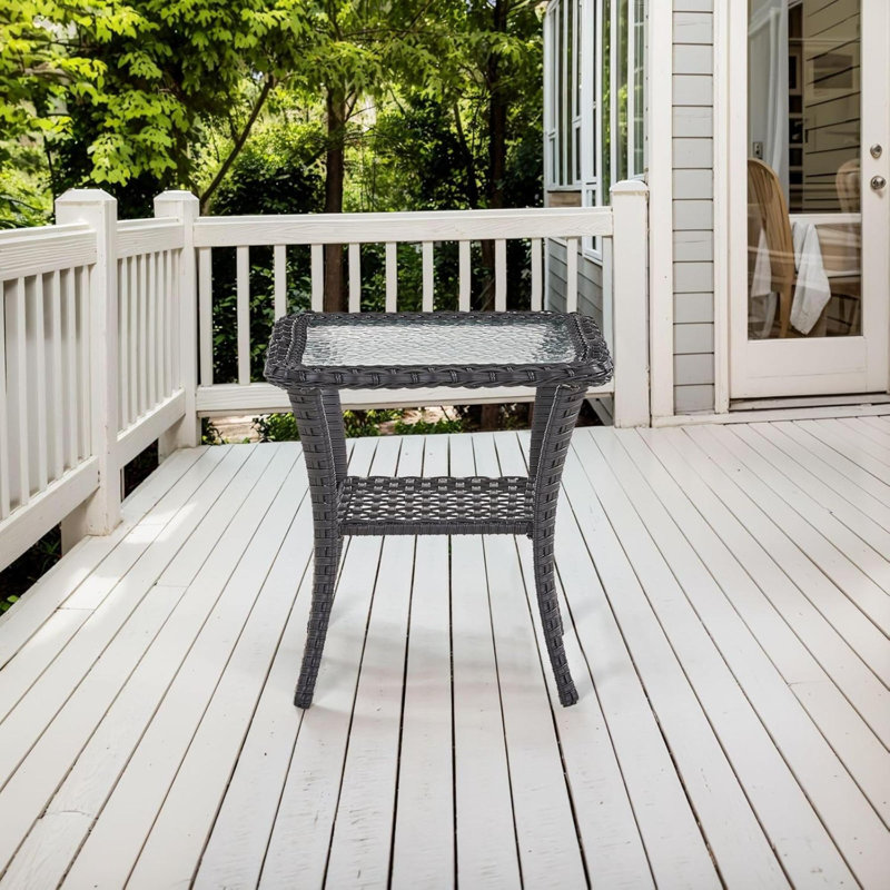 Handwoven Wicker Side Table - Small Outdoor Side Table 2 Tier Storage Patio Side Table With Tempered Glass Top, All Weather Outdoor End Table For Deck Balcony Outside
