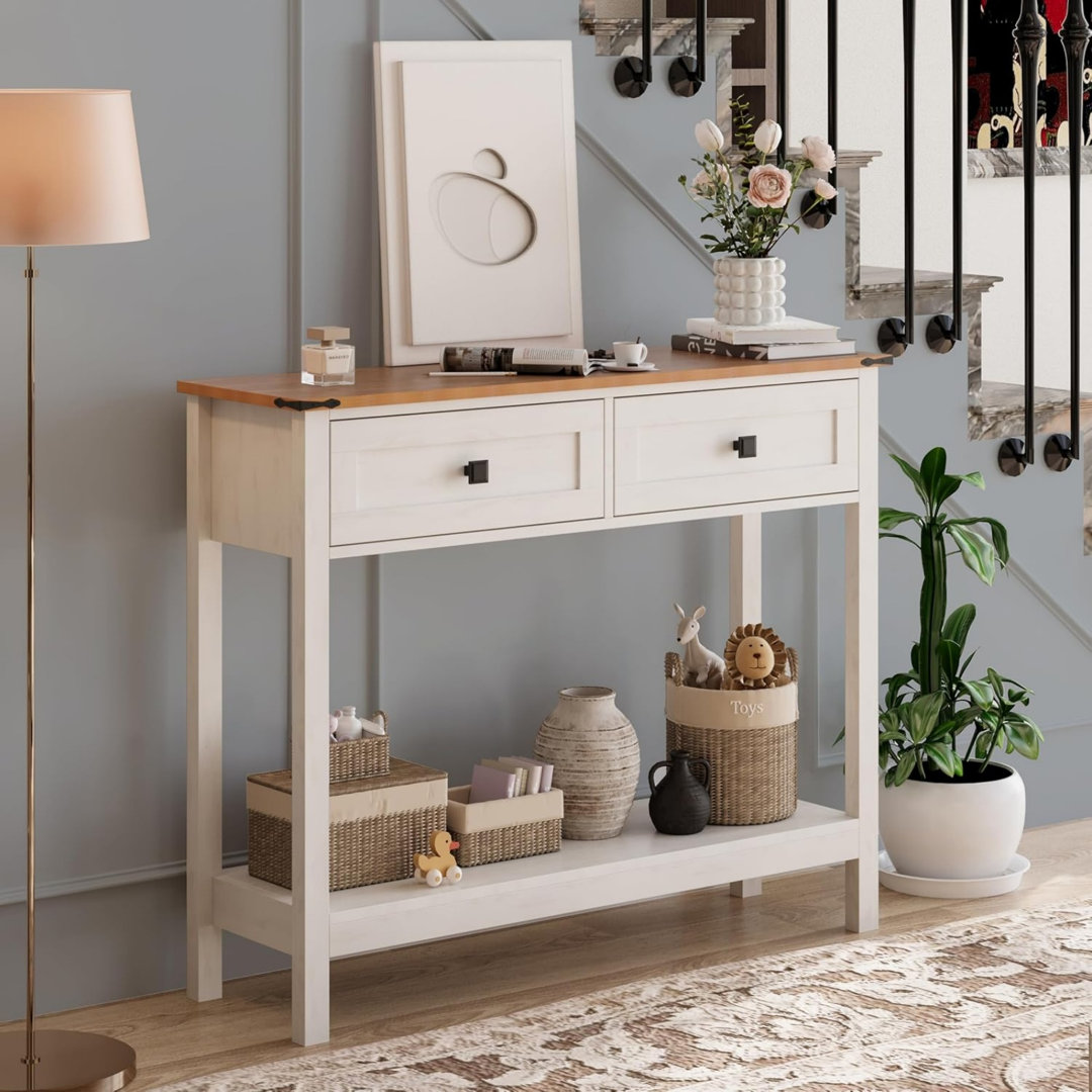 White Console Table with 2 Drawers for Entryway Rustic Hallway Table with Wooden Frame