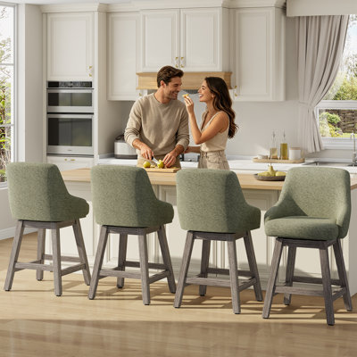 Upholstered Polyester Fabric Counter Height Swivel Bar Stools with Ergonomic Back, Solid Wood Kitchen Island Chairs with Armrest and Metal Footrest, 350 LBS Capacity (Set of 4, Sage Green)