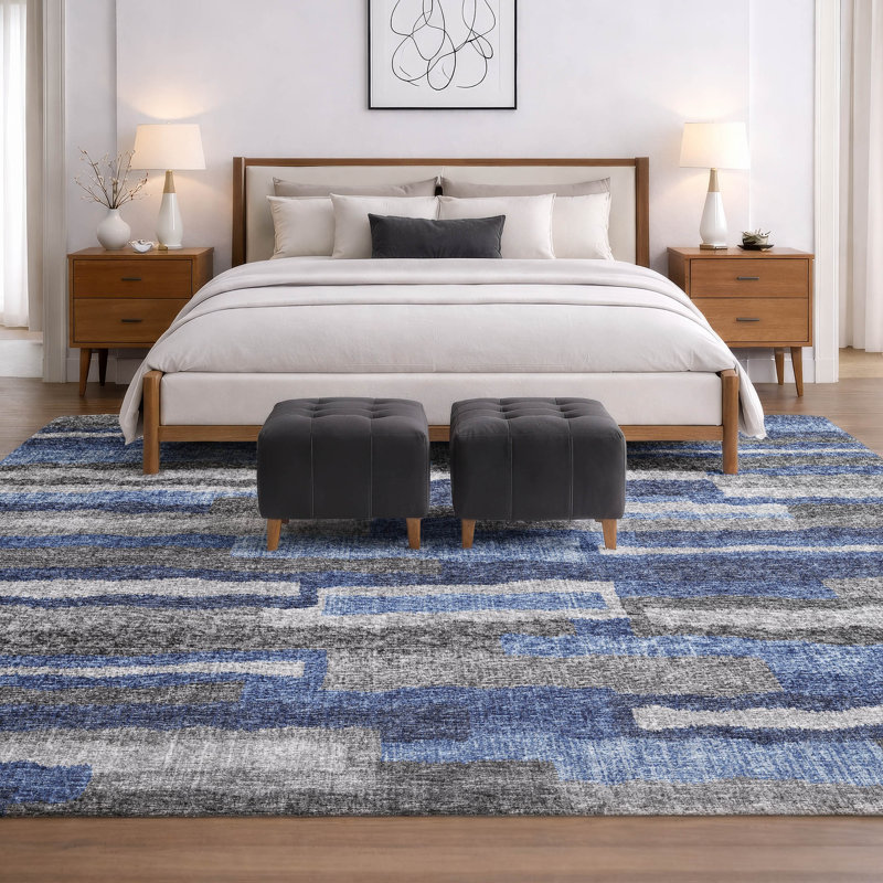 Tapis à barres verticales de qualité supérieure lavable à la machine Dream Shag ADS78, Bleu, 3 pi x 5 pi