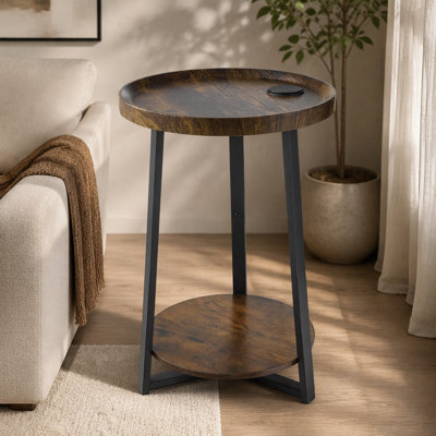 End Table, 2-Tier Round Side Table with Open Storage Shelves, Modern Nightstand Bedside Desk with USB & AC Charging Port, Wood Sofa Coffee Desk for Living Room, Bedroom, Office, Dorm