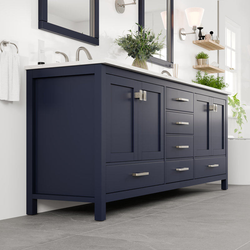 Minnich 84"W X 22"D Blue Double Sink Bathroom Vanity With White Carrara Quartz Countertop And Undermount Porcelain Sinks