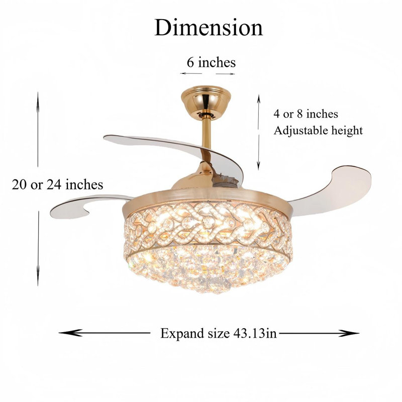 42 Inch Gold Heart-shaped Crystal Invisible Fan Light With Remote Control