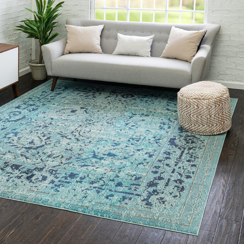 Tapis oriental bleu clair / bleu marine / bleu / ivoire Colfin, Carré 8 pi x 8 pi