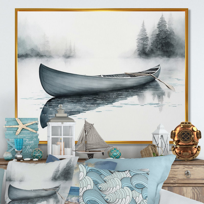Canot sur le lac II - Bateau côtier, art mural, 16" H x 32" W, Cadre flottant doré