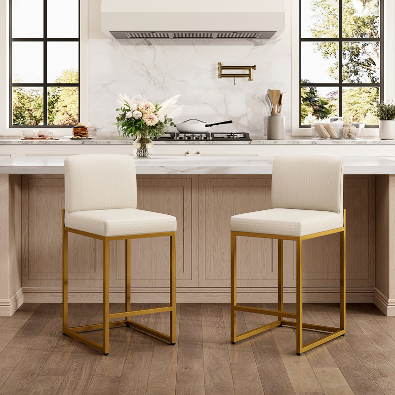 61cm Modern Upholstered Kitchen Counter Stool with Metal Sled Base & Faux Leather, White, 2