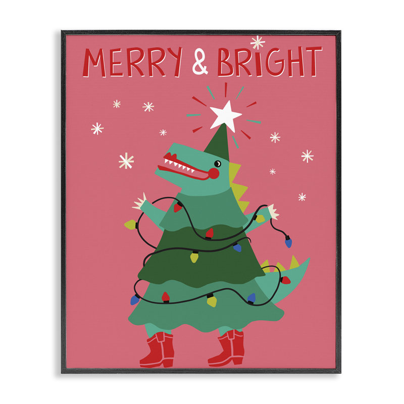 «Merry and Bright Dinosaur», art mural sur toile par Riley Hutchens, H 20 po x l 16 po, Giclée encadrée noir minuit
