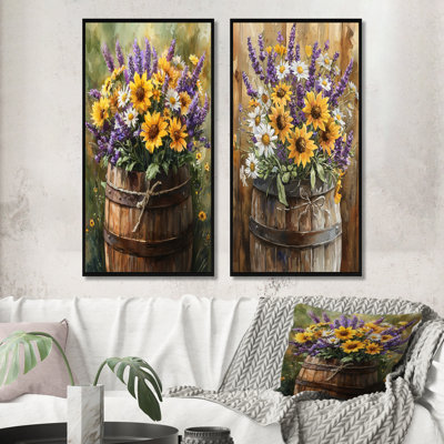 Wildflower And Lavender In Farm Barrel I - Floral Wall Decor 2 Panels Collection