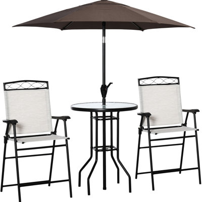 Ensemble repas d'extérieur 4 pièces - Beige. 2 chaises pliantes, parasol ajustable, table en verre texturé ondulé. Parfait pour le jardin, la terrasse ou le patio. Terrasse en acier et maille respirante avec chaises longues pour terrasse ou piscine.