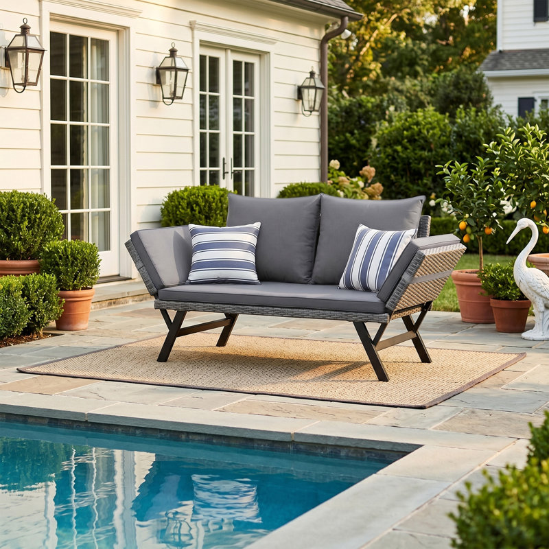 Hoag 70'' Wide Straight Wicker Patio Daybed with Cushions, Blue