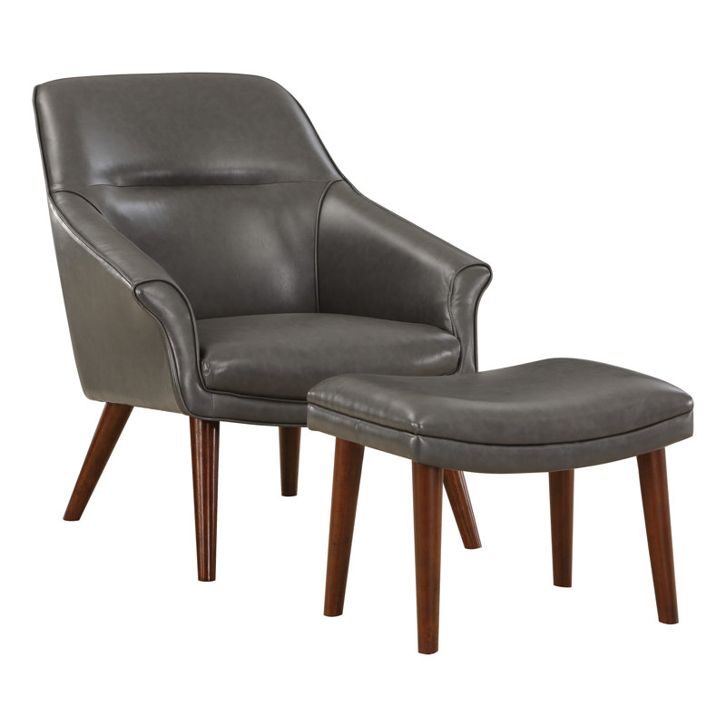 Khristen Faux Leather Accent Chair with Ottoman, Pewter Faux Leather