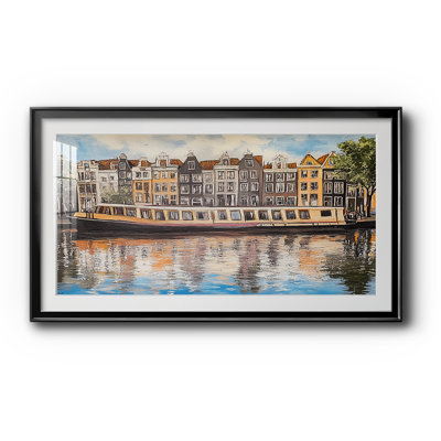 Art mural sur toile coloré "Canal de Amsterdam coloré" - Paysage urbain - Série paysage CXI, ouverture 16 x 32 dans un cadre noir, extérieur 19 x 35