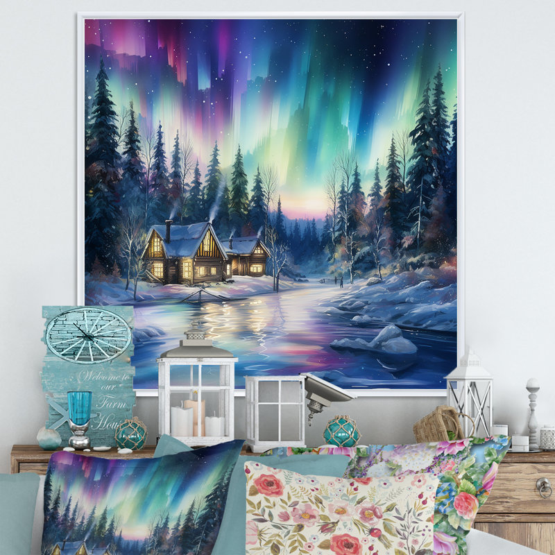 Impression sur toile «Northern Lights Charm In Winter I», Cadre flottant blanc, H 16 po x l 16 po x P 1 po