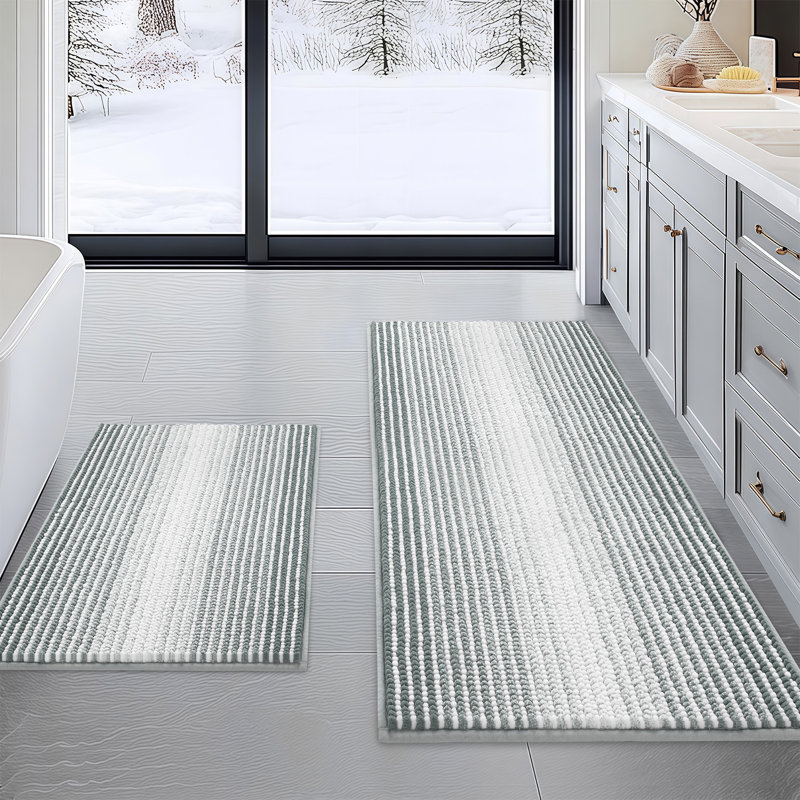 Soft Shaggy Absorbent Non-Slip Bath Mat, 20" x 47" Plus 16" x 24", Light Grey