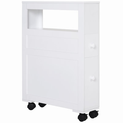 HOMCOM 6.25" X 20.5" X 28.25" Wood Rolling Narrow Bathroom Side Storage Cabinet - White