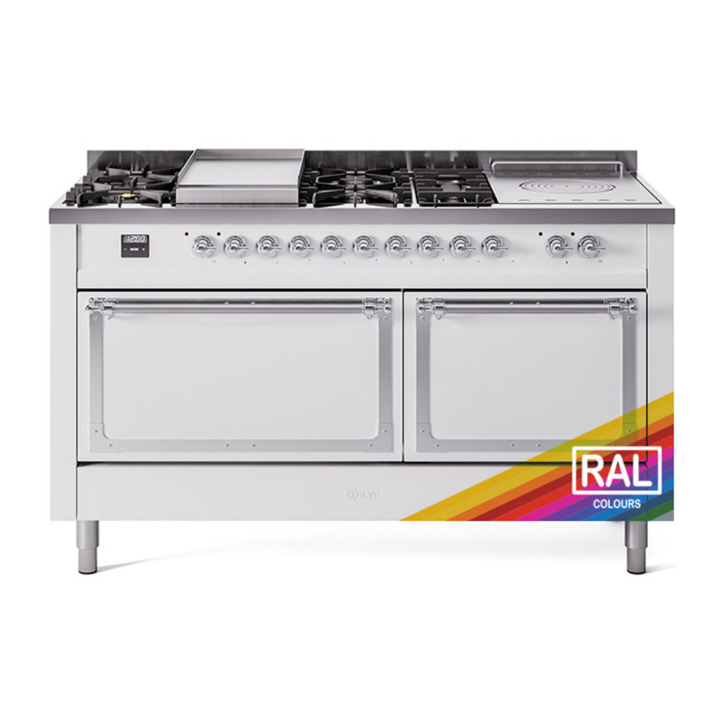 ILVE Nostalgie II Noblesse 60 inch Dual Fuel Range   (7 Sealed Burners + Griddle + French Top, , Solid Door, RAL), Chrome