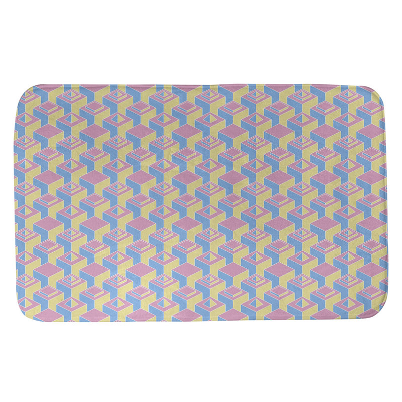 Tapis de bain géométrique antidérapant à motif de gratte-ciels, l 17 po x L 24 po, Bleu / Rose / Jaune