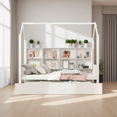 Wooden House Bed With Trundle,Shelf