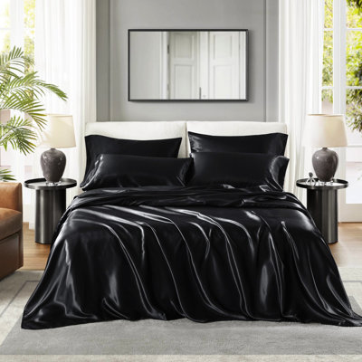 Drap de luxe divisé 7 pièces en satin 100% satin noir, froissé, lisse et doux, réduit les frisottis, 1 plat, 2 ajustés, 4 taies d'oreiller à texture douce,