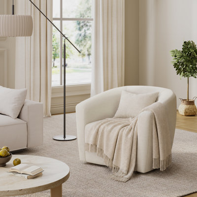 Fauteuil demi-tonneau moderne pivotant à 360 ° pour le salon, fauteuil d'appoint en chenille confortable avec base robuste, fauteuil rond arrondi doux pour coin de chambre à coucher, coin lecture pour petit espace