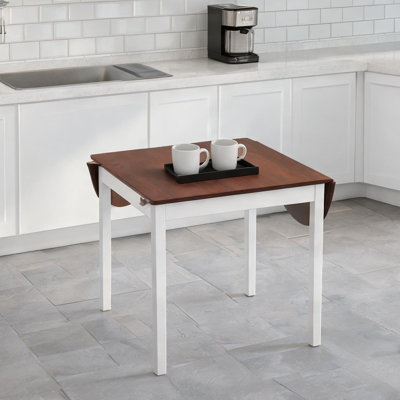 Table de salle à manger en pin avec abattants, piètement à quatre pieds, 4 à 6 couverts, plateau brun et pieds blancs, pour usage domestique