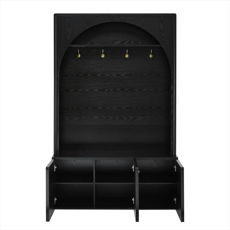 Single-Seat Arched Farmhouse Hall Tree with 3 Storage Cabinets and 4 Golden Hooks, Jet Black