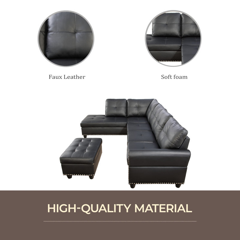 Canapé modulaire en similicuir avec repose-pieds, Similicuir noir