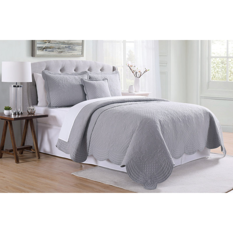 Ensemble de courtepointe festonnée French Tile, Courtepointe pour lit simple et une taie décorati, Gris