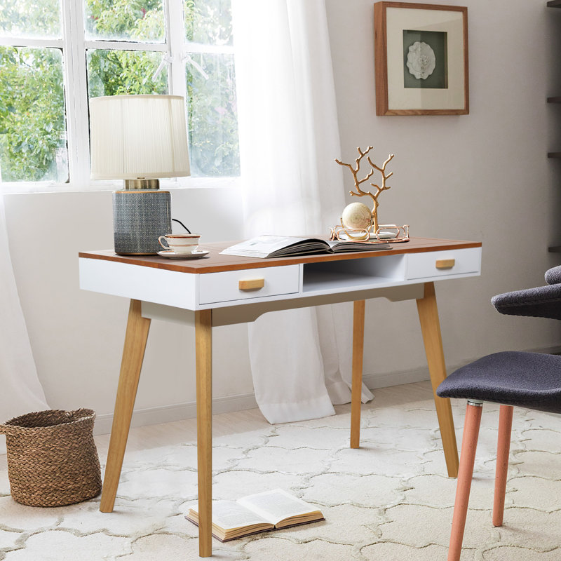 Elegant Modern Writing Desk With And Drawers - Natural Wood & White Finish