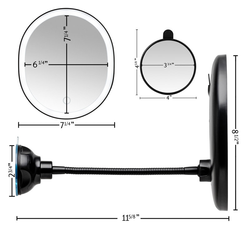 OVENTE 9'' Rechargeable Lighted Wall Mount Makeup Mirror for Bathroom with Mini Magnetic 10X Magnifying Mirror, Touch Screen Dimmable LED Lights, Flexible Gooseneck and Suction Mounting, Black MOW22B