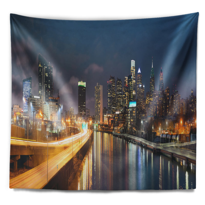 Cityscape philadelphia de l’horizon de la nuit en polyester avec accessoires suspendus inclus, H 32 po x l 39 po