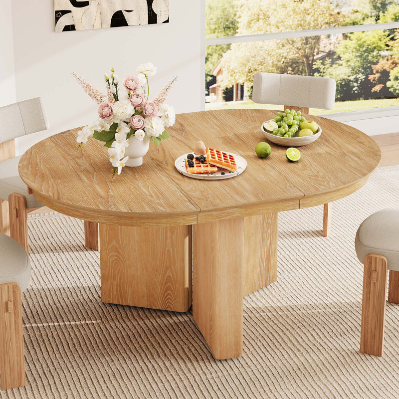 Table de salle à manger ovale extensible, table de cuisine de ferme moderne avec base piédestal et patins réglables, Naturel