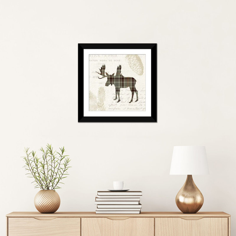 «Plaid Lodge, Tan IV», impression sur toile, H 16 po x l 16 po x P 1 po, Papier beaux-arts encadré noir, Blanc