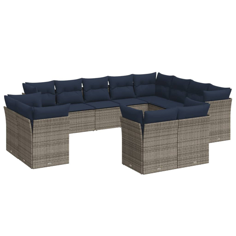 Ensemble de canapé de patio 13 pièces avec coussins en rotin de polyester brun, Coussin bleu foncé / structure grise