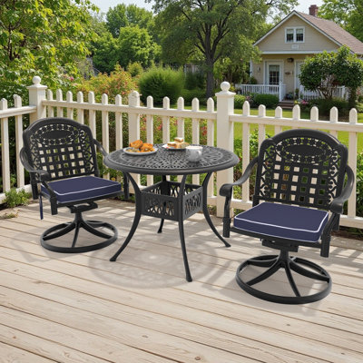 3-Piece Round Cast Aluminum Outdoor Patio Dining Set with Swivel Chairs & Cushions & Umbrella Hole