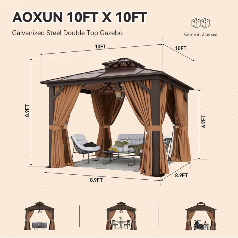 Pavillon de jardin 10 'x 10' à toit rigide, pavillon de jardin extérieur en métal avec double pavillon en polycarbonate