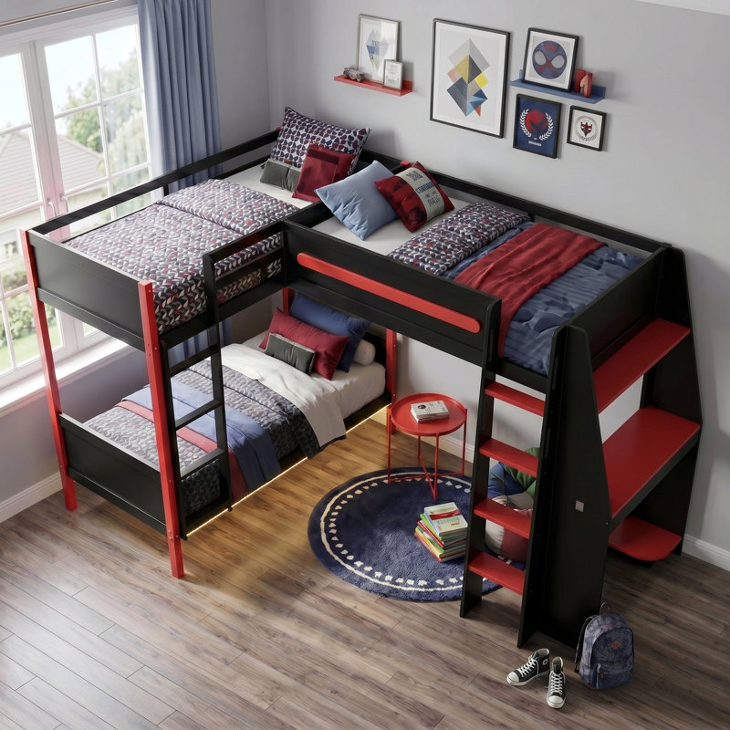 Lit superposé simple en L avec lit de mezzanine pour 3 personnes, bureau intégré, tablettes et DEL, cadre en bois de pin et en panneau de fibres à densité moyenne, noir et rouge