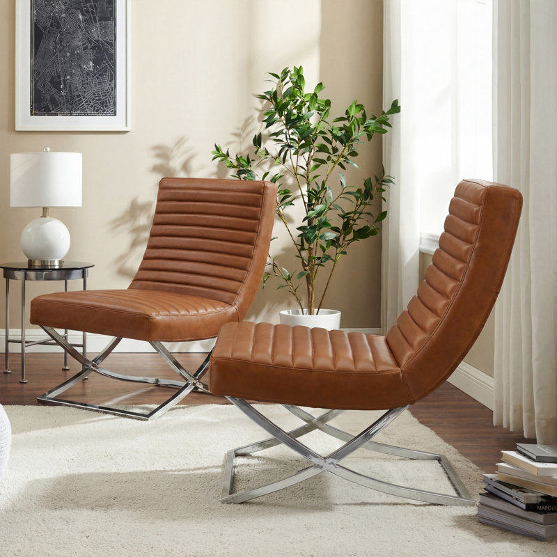 Magdaia 25"W Tufted Leather Upholstered Armless Accent Lounge Chair with Stainless Steel Leg (Set Of 2)