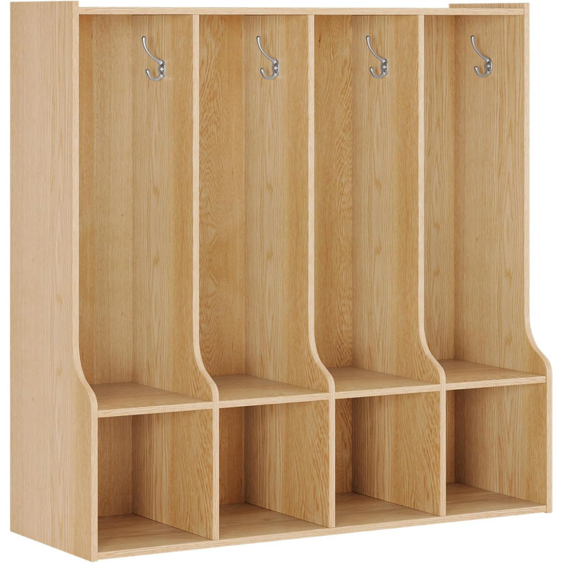 4-Section Classroom Coat Locker with 4 Cubbies, Daycare Cubby Storage Organizer with 8 Hooks, Ivory