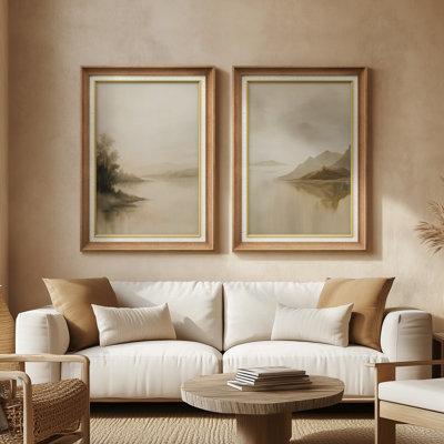 «Calm Lake Mountain Reflection Neutral Toned Scenery», ensemble de 2 reproductions d'art encadrées de qualité supérieure sur papier 26 po x 36 po